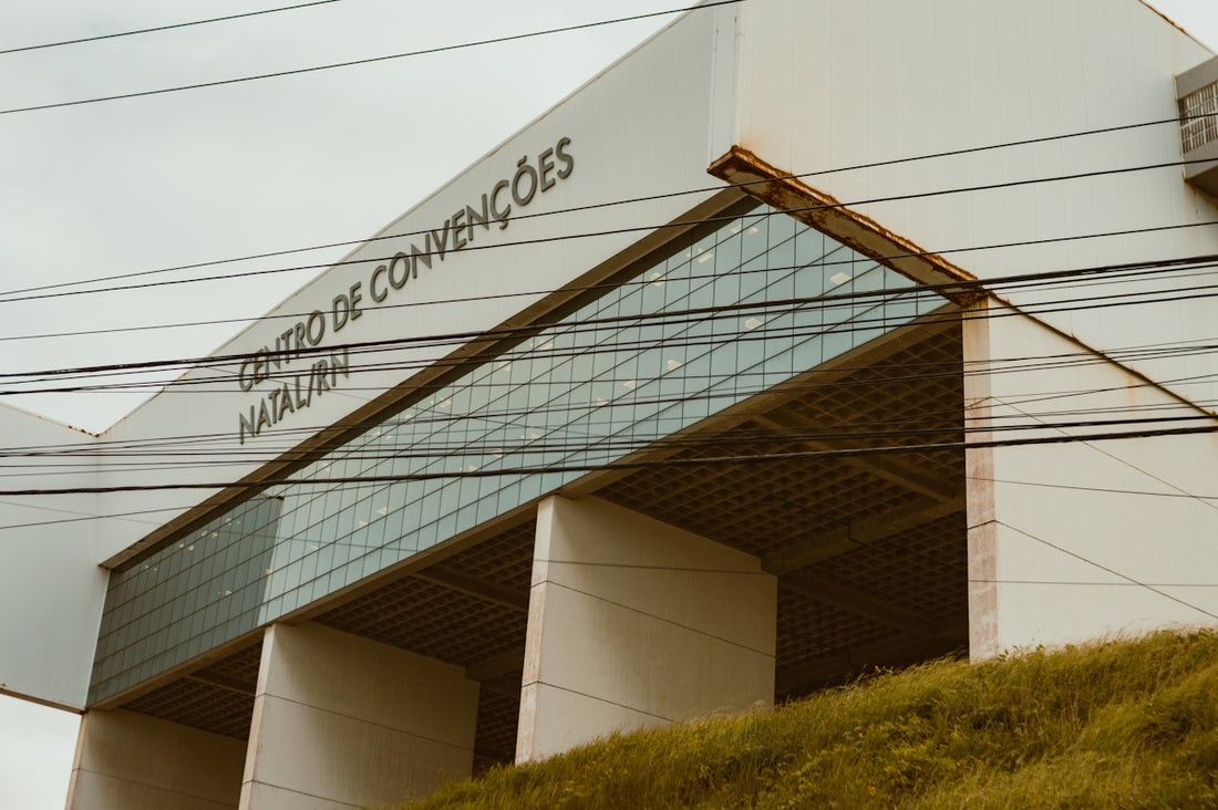 Convention center building in natalrn with power lines overhead.