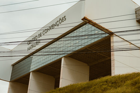 Convention center building in natalrn with power lines overhead.